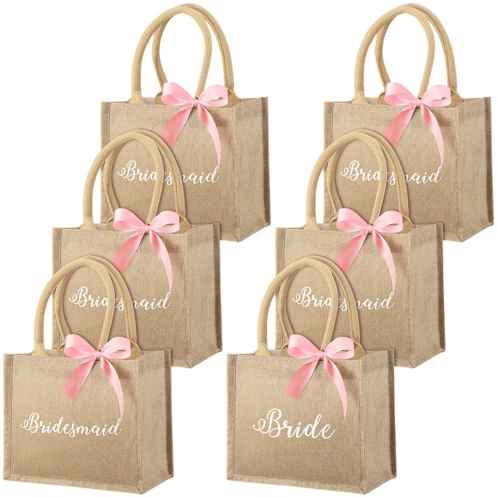 Saintrygo 6 Pack Bridesmaid Tote Bags Burlap Wedding Gift Bags with Handles & Pink Ribbon, 9.8 x 7.9 x 5 Inch Reusable Party Favor Bag for Bride Wedding Bachelorette Party(9.84 x 7.87 x 4.92'')