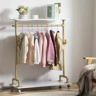 Child Clothing Rack, Kids Garment Rack Dress-up Closet, Rolling Pipe Open Clothes Rack with Storage Shelf, Industrial Wood Metal Clothes Organizer (two tiers one hanging rod kids garment rack)