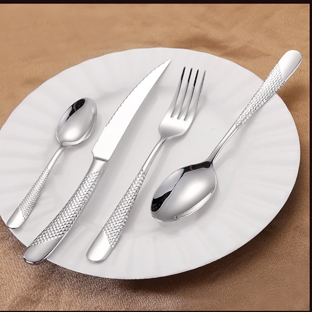 16 Piece Silverware Set For 4, 18 10 Stainless Steel Silverware Set, Modern Hammered Flatware Set, Knife/Fork/Spoon & Long Teaspoon Mirror-Polished Dishwasher Safe Cutlery