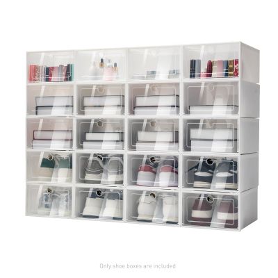 TFCFL 20 Pack Translucent Shoe Storage Boxes, Clear Plastic Stackable Shoe Boxes, Foldable Sneaker Display Drawer, Front Opening Storage Bins Shoe Container Organizer for Closet, Space Saving