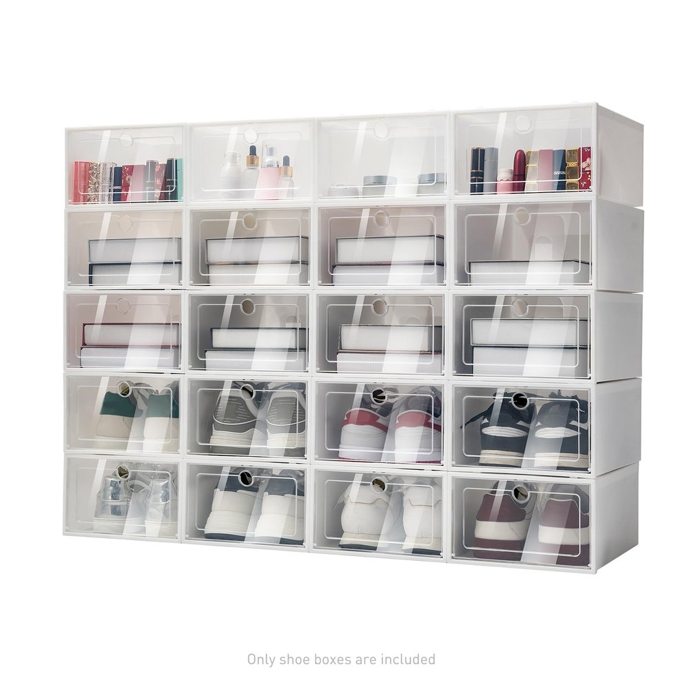 TFCFL 20 Pack Translucent Shoe Storage Boxes, Clear Plastic Stackable Shoe Boxes, Foldable Sneaker Display Drawer, Front Opening Storage Bins Shoe Container Organizer for Closet, Space Saving