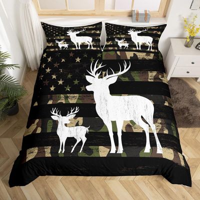 Camo American Flag Duvet Cover Twin Size, Green Deer Animal Family Trees Silhouette Natural Bedding Comforter with 1 Pillowcase, 2pcs USA Flag Camouflage Bedding Set for Kids Boys Room
