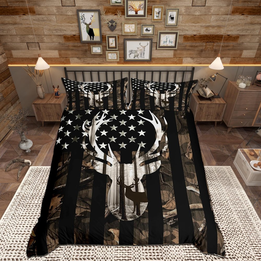 Camouflage American Flag Comforter Cover Full Size, Deer Antlers Gray Camo Western Country Animals Duvet Cover for Girls Teens, Stars Stripes USA Flag Hunting Camping Bedding Set with 2 Pillowcases