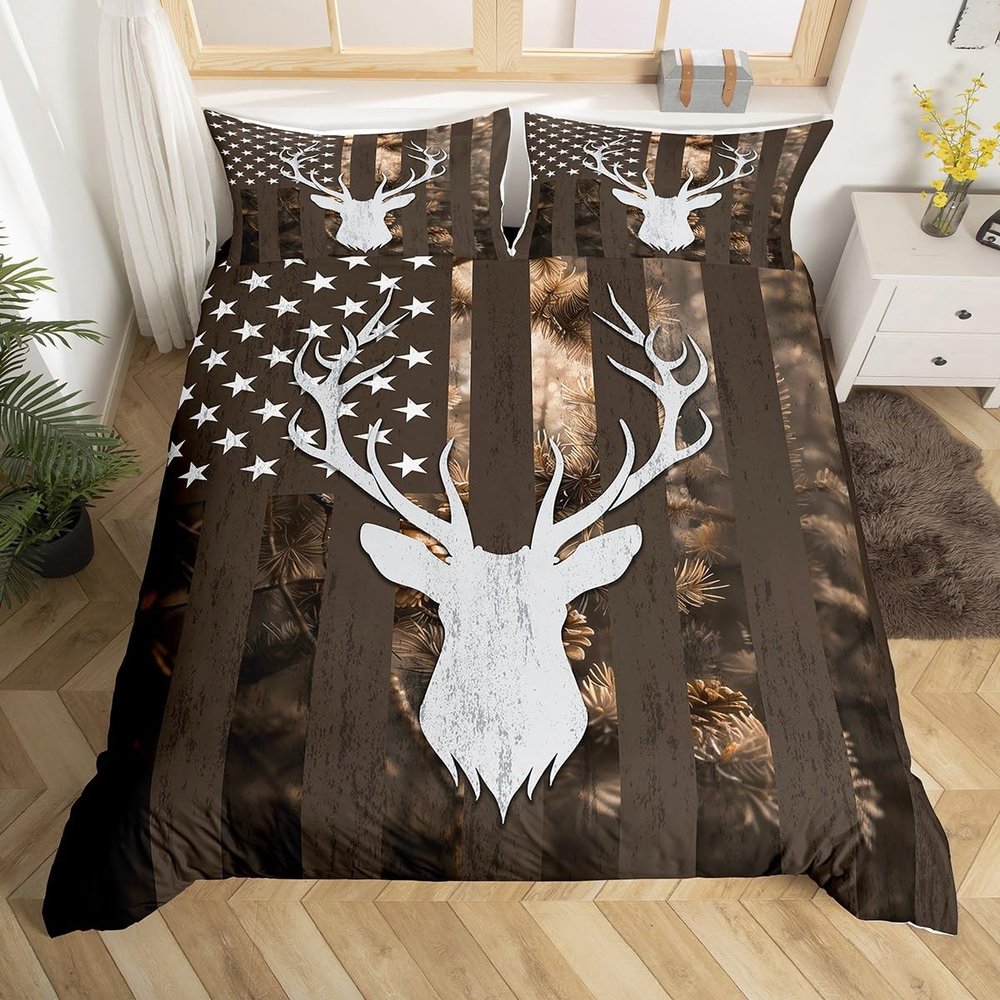 Camo American Flag Duvet Cover Twin Size, Brown Deer and Trees Silhouette Natural Style Bedding Comforter with 1 Pillowcase, 2pcs USA Flag Camouflage Bedding Set for Kids Boys Room