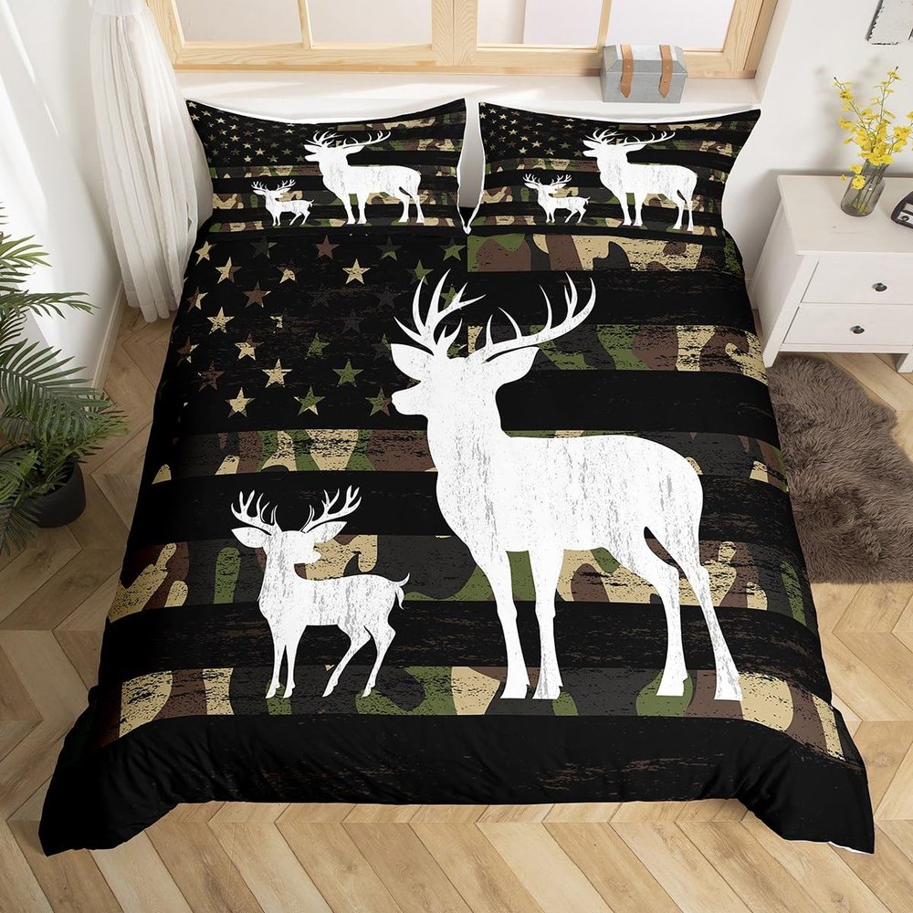 Camouflage USA Flag Bedding Comforter King Size, Brown Camo Deer Antlers and Trees Print Natural Duvet Cover for Girls Teens Man Present, American Flag Soft Bedding Set with 2 Pillowcases