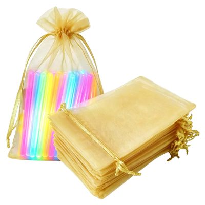 Jwenic Pack of 100 Sheer Organza Mesh Drawstring Gift Bags 5x7 Inch Gold