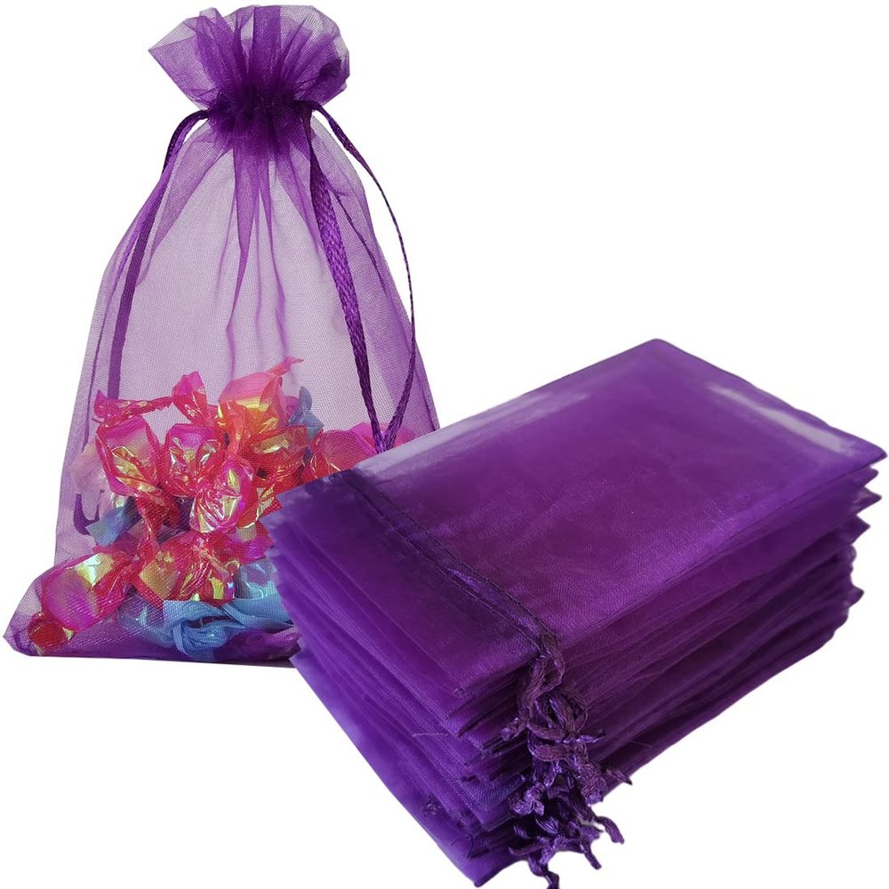 Jwenic 100 Count Sheer Organza Mesh Drawstring Gift Bags 4x6 Inch Purple