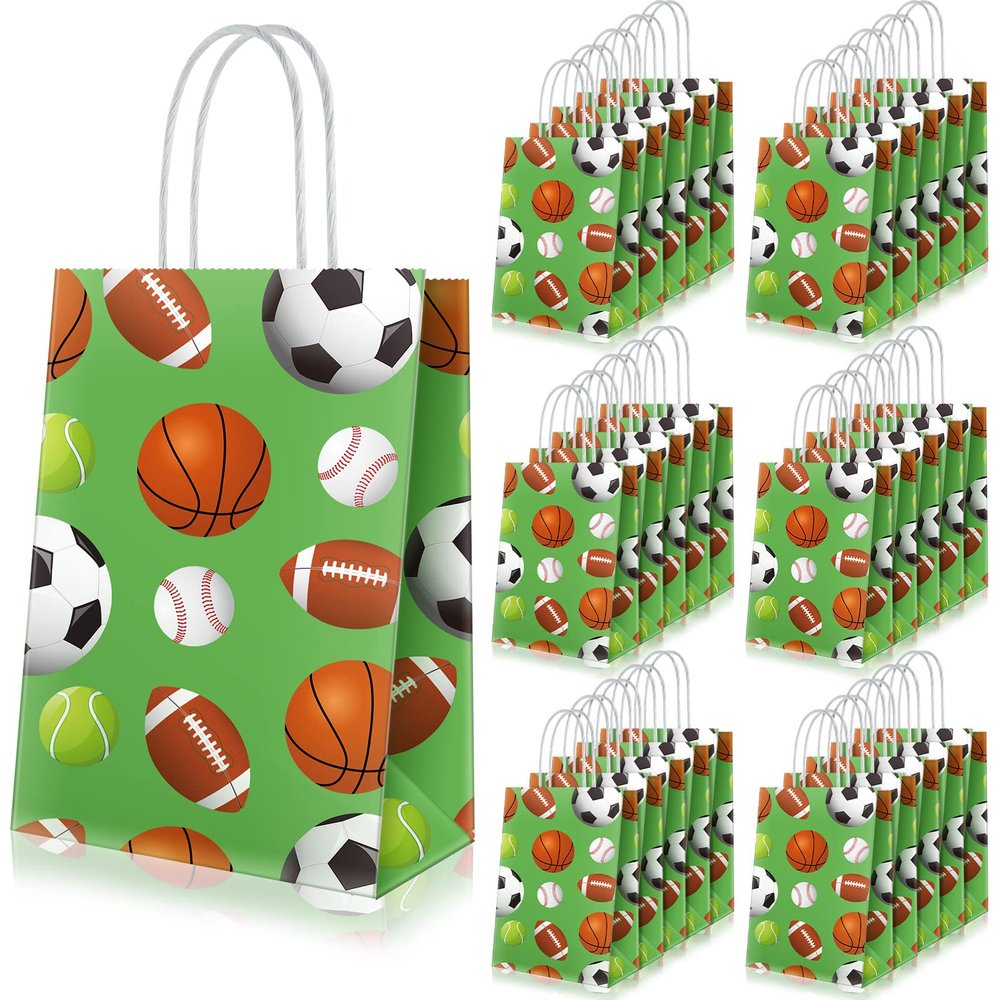 Lewtemi 30 Pcs Sports Party Favors Bags Football Goodie Gift Bag with Handles for Soccer Football Basketball Baseball, Sports Themed Gift Bags for Birthday Baby Shower Parties Supplies Decorations