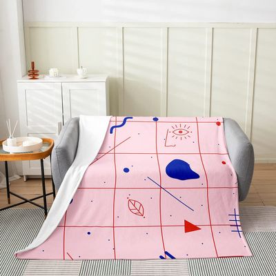 Abstract Geometric Lattice Throw Blanket,Retro Memphis Bed Blanket for Kids Teens Girls Boys,80s 90S Old Fashion Flannel Blanket Pink Fuzzy Blanket, 40 x 50 Inches