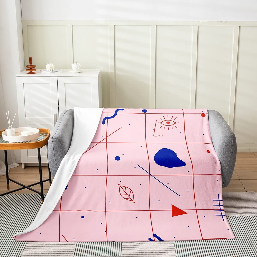 Abstract Geometric Lattice Throw Blanket,Retro Memphis Bed Blanket for Kids Teens Girls Boys,80s 90S Old Fashion Flannel Blanket Pink Fuzzy Blanket, 40 x 50 Inches