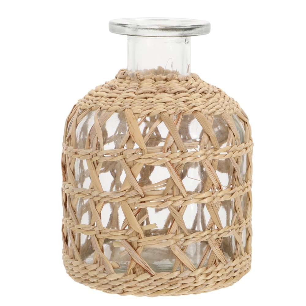 DOITOOL Glass Flower Vase with Rattan Cover, Straw Woven Glass Vase Decorative Boho Flower Container Farmhouse Flowerpot for Home Arrangement Table Decoration, 3.1X3.1X4.4inch