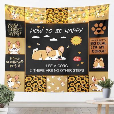 Smiling Corgi Dog Tapestry,Sunflower Sunshine Wall Hanging for Kids Teens Adult Room Decor,Geometric Lattice Wall Blanket Tapestries Cute Animal Pet Wall Art Hanging, Large 59.1 x 82.7 Inches