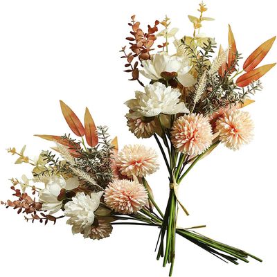 2Packs Artificial Faux Flowers Plant Silk 17.3" Fall Flower Arrangement Boho Style Bouquets Floral Rustic Decoration Table Centerpieces for Home Kitchen (Romantic Elegant Neutral Pink Coral Color)