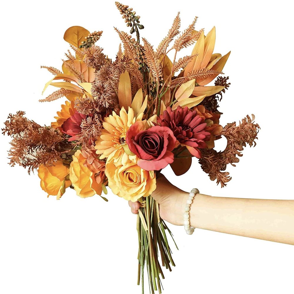 AUSBENDER 2Packs Artificial Faux Flowers Plant Silk 17.3" Fall Flower Arrangement Boho Style Bouquets Floral Rustic Decoration Table Centerpieces for Home Kitchen (Autumn Sunset Red Orange)