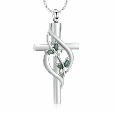 Minicremation Cremation Jewelry Urn Necklaces for Ashes Crystal Butterfly Cross Memorial Pendant for Women Girl Keepsake Gifts Funeral Cross Urn Locket(Green)