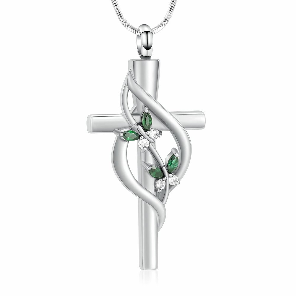 Minicremation Cremation Jewelry Urn Necklaces for Ashes Crystal Butterfly Cross Memorial Pendant for Women Girl Keepsake Gifts Funeral Cross Urn Locket(Green)