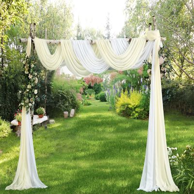 WARM HOME DESIGNS White & Cream Ivory Color Chiffon Wedding Arch Drapery Fabric. Pair of 288" (24 Feet or 8 Yards) Luxury Arch Decorations for Rustic Wedding Decor. CHW White & Ivory 288