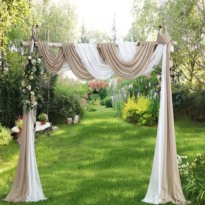 WARM HOME DESIGNS White & Brown Nude Color Chiffon Wedding Arch Drapery Fabric. Pair of 216" (18 Feet or 6 Yards) Luxury Arch Decorations for Rustic Wedding Decor. CHW White & Nude 216
