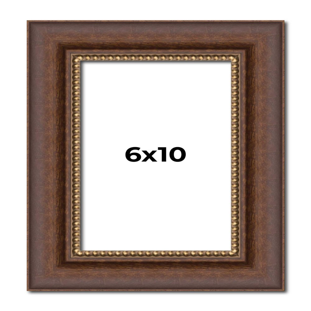 6x10 Frame Brown Beaded Copper Solid Wood Picture Frame Width 2 Inches | Interior Frame Depth 0.5 Inches | Marron Photo Frame | Complete with UV Acrylic, Foam Board Backing & Hanging Hardware