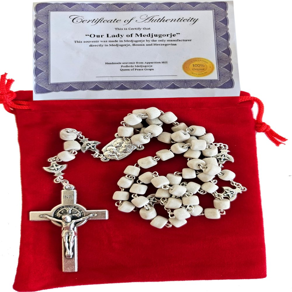 Holy Land Market Medjugorje Stone Rosary - Hand-Carved Apparition Hill Stones, Our Lady Medjugorje, 20 in, Silver Beads