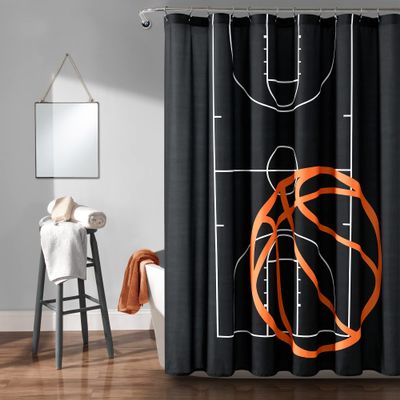 Lush Decor Basketball Game Shower Curtain, 72" W x 72" L, Black & Orange - Kids Sports Themed Bathroom Decor