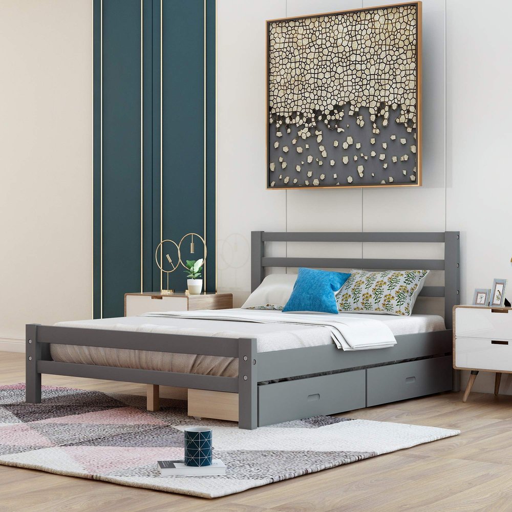 Anwick Full Platform Bed Frame with Two Storage Drawers, Full Size Bed Frame with Headboard / 10 Wood Slats Support / 500 lbs Weight Capacity/No Box Spring Needed/Easy Assembly (Gray)