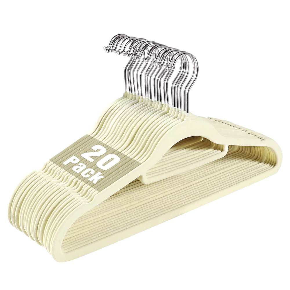 20 Pack Non-Slip Velvet Suit Hangers with 360 Swivel Hook - Space Saving Beige Clothes Hangers, Heavy Duty for Adults