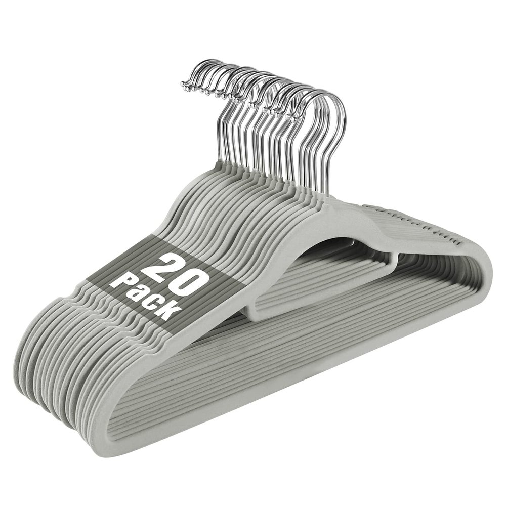 20 Pack of Grey Velvet Non-Slip Suit Hangers with 360Swivel Hook - Heavy Duty, Space Saving, and Perfect for Adult Clothing.