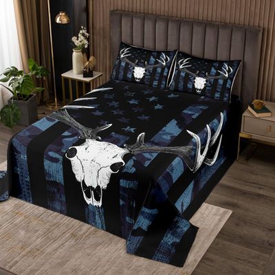 American Flag Bedspread Set Twin Size for Boys, Xmas Elk Antlers Skull Bedding Coverlet for Kid Teen Youth Room Decorative, Fashion Camouflage Camo Duvet Quilted with 1 Pillowcase, Blue Black