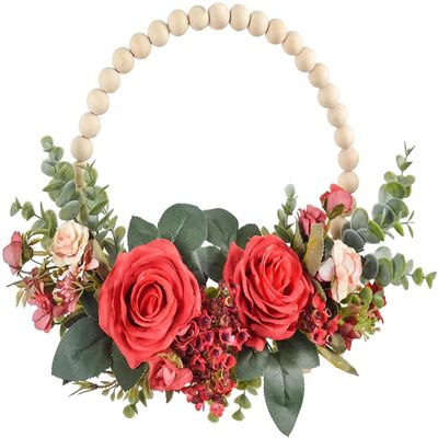 Wood Bead Wreath with Flowers Eucalyptus Flower Wreath Farmhouse Wreaths for Boho Wall Front Door Decor - Red