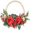 Wood Bead Wreath with Flowers Eucalyptus Flower Wreath Farmhouse Wreaths for Boho Wall Front Door Decor - Red view 3
