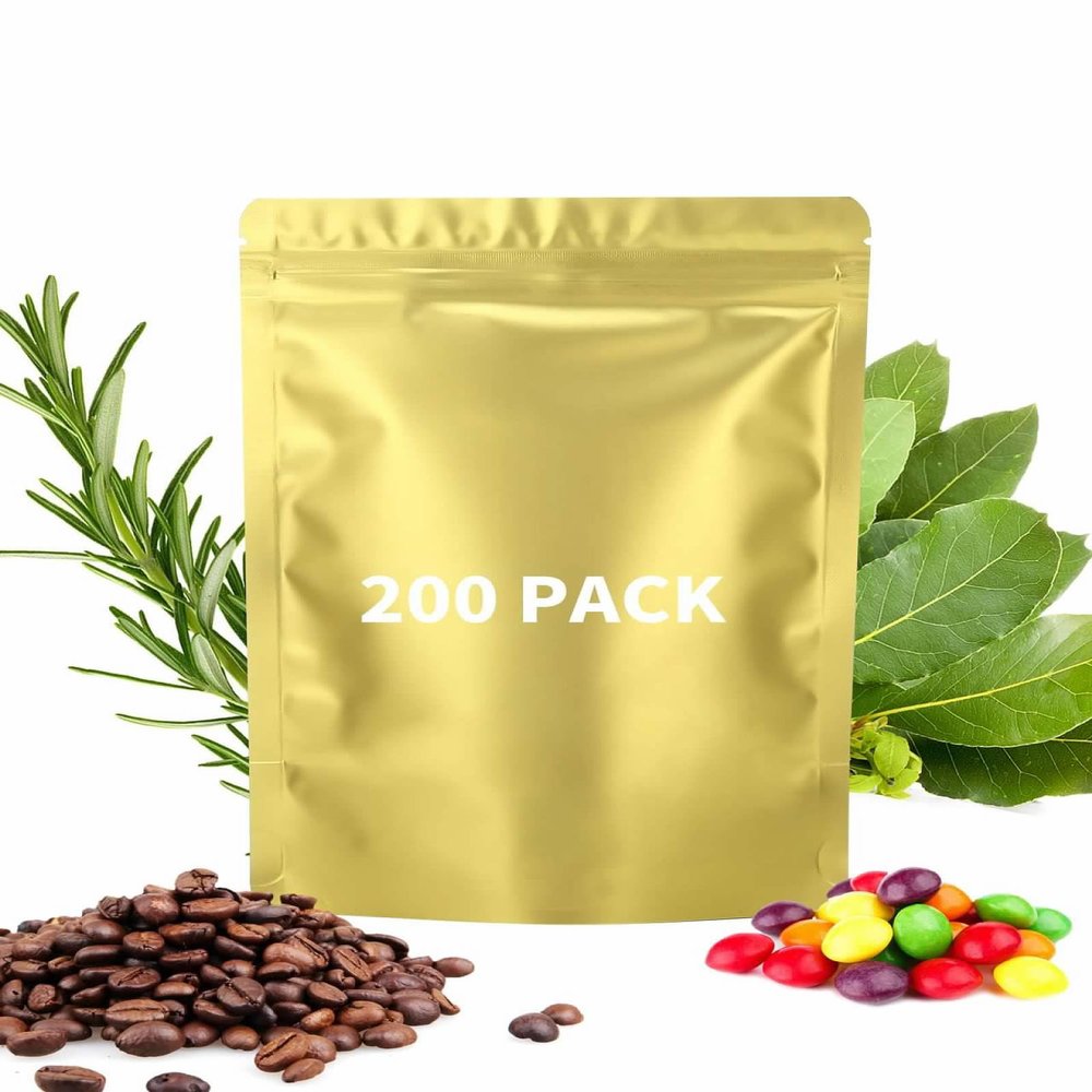 200 Pieces Resealable Mylar Bags(4.3x6.3inch, Matte Gold), Stand Up Zipper Lock Aluminum Foil Bag, Packaging for Small Businesses, Packaging Bags for Food/Nuts Storage