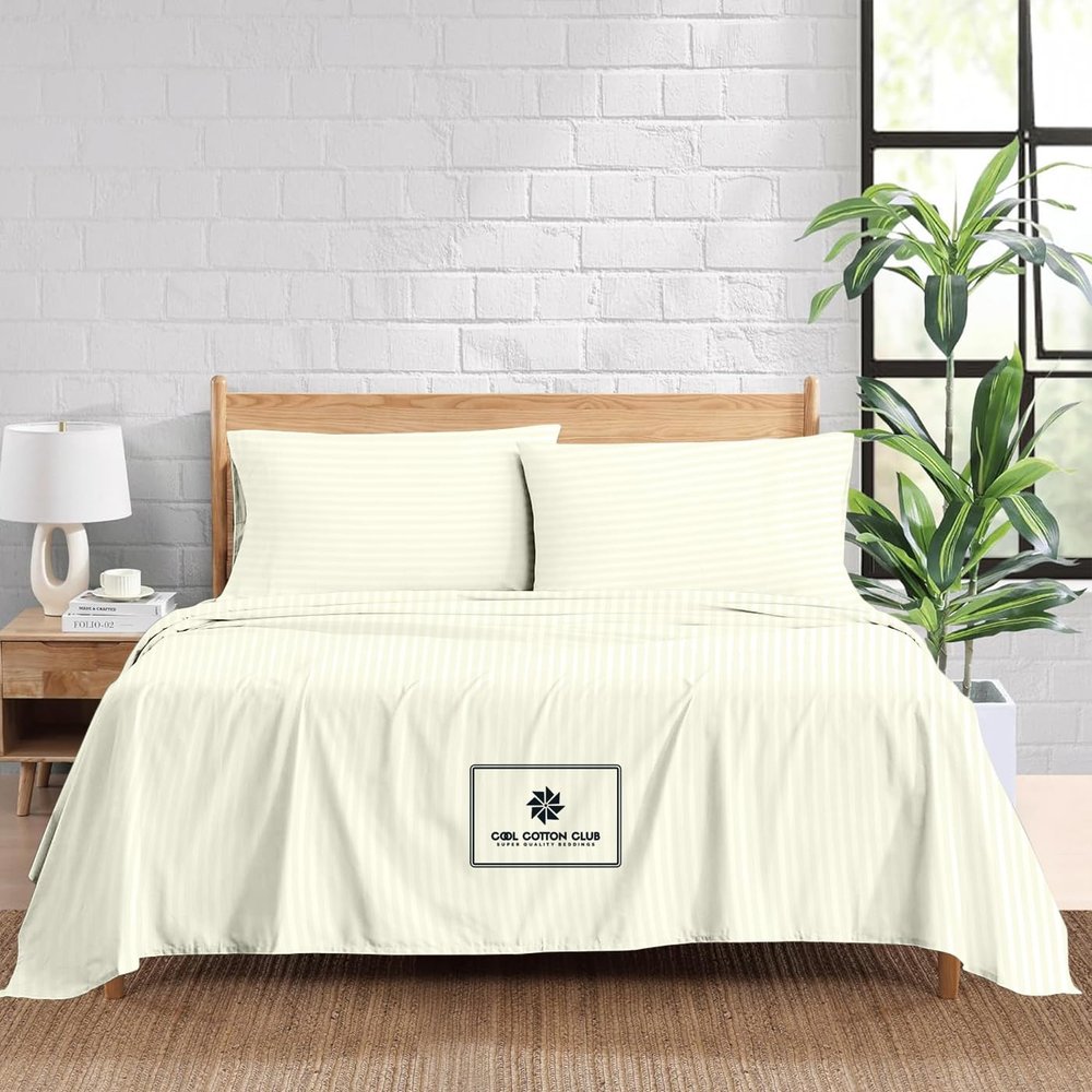 1000-TC King Size 4 Piece Sheet Set - Comfy Sheets - Giza Cotton Hotel Luxury Bed Sheets for Women, Men, Kids & Teens - Deep Pockets Easy-Fits up to 10-12" Mattress (Stripe, Ivory)