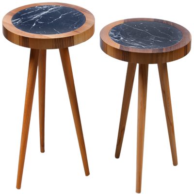 andesign-us Round Wooden Side Tables, Portable Coffee Tables, End Tables for Living Room and Bedside, Marble Look Set of 2