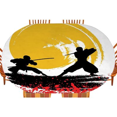 Japanese Oval Elastic Fitted Tablecloth, Watercolor Style Silhouette Ninjas in The Moonlight Medieval, for Kitchen Dinning Tabletop Decoration Outdoor Picnic, Fits 42" x 60" table, Vermilion Mustard