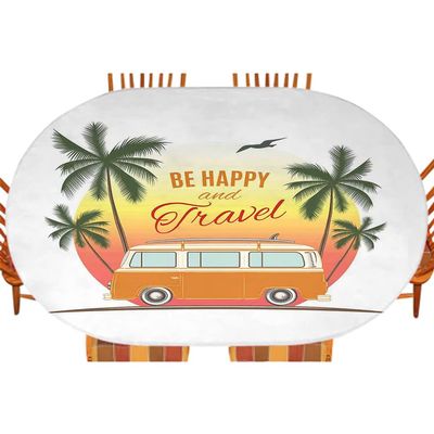 Surf Oval Elastic Fitted Tablecloth, Retro Surf Van with Palms Camping Relax Hippie Travel Be Happy Free 60s Theme, for Kitchen Dinning Tabletop Outdoor Picnic, Fits 42" x 60" table, Orange Green