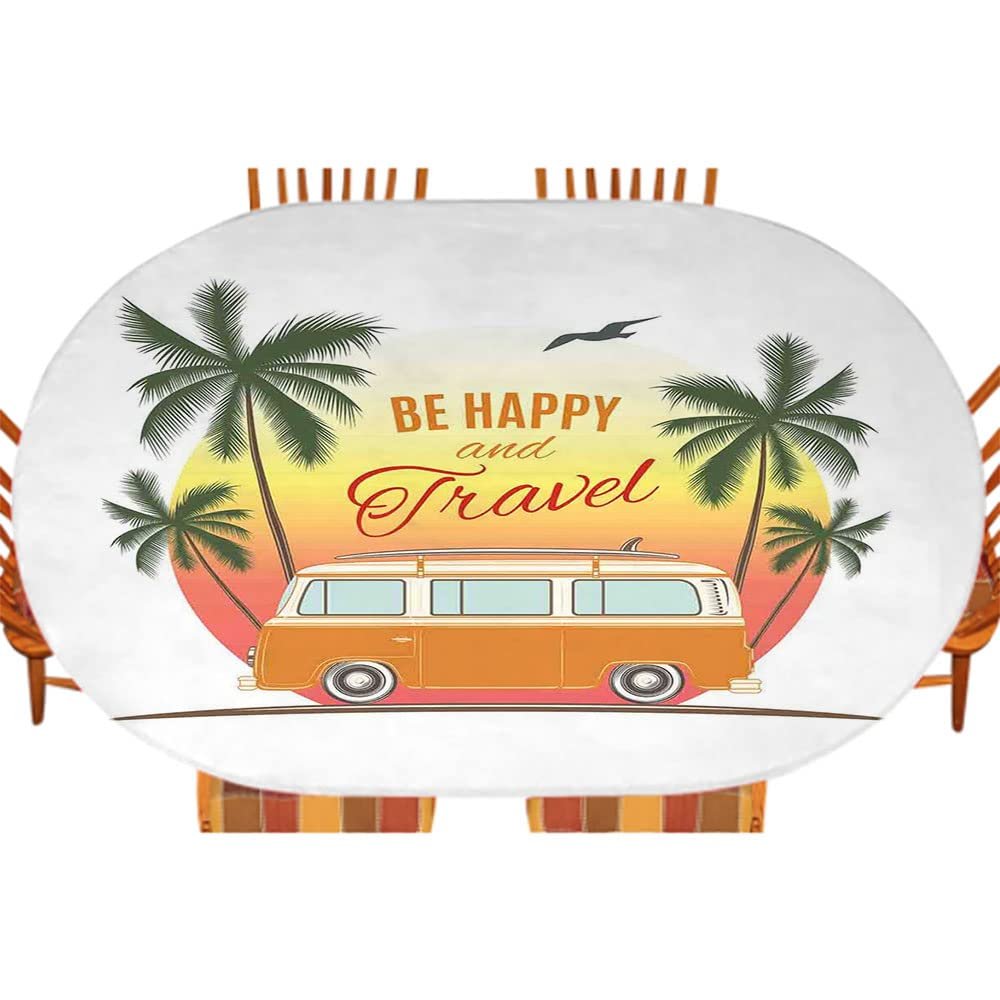 Surf Oval Elastic Fitted Tablecloth, Retro Surf Van with Palms Camping Relax Hippie Travel Be Happy Free 60s Theme, for Kitchen Dinning Tabletop Outdoor Picnic, Fits 42" x 60" table, Orange Green
