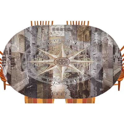 Marine Life Fitted Table Cover, Navy Sea Life Yacht Theme Colored Wood Backdrop Rudder Like Compass Marine Image, Indoor/Outdoor Tablecloth, Patio and Kitchen Dining, Fits 42" x 60" table, Light Brown
