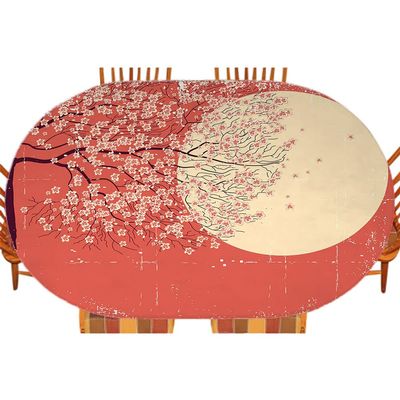 ESFVRG Spring Fitted Table Cover, Cherry Blossom Sakura Tree Branches on Moon Japanese Style Illustration, Indoor/Outdoor Waterproof Tablecloth, Patio and Kitchen Dining, Fits 42" x 60" Table