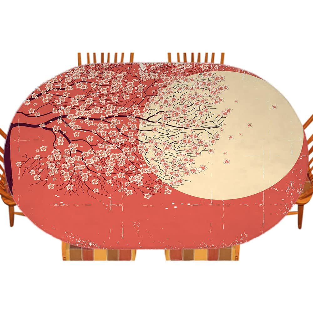 ESFVRG Spring Fitted Table Cover, Cherry Blossom Sakura Tree Branches on Moon Japanese Style Illustration, Indoor/Outdoor Waterproof Tablecloth, Patio and Kitchen Dining, Fits 42" x 60" Table