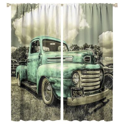 Vintage Car Curtains,Retro Rustic Truck Antique Teal Old Truck Sound Dampening Curtains for Kids Livingroom Kitchen Bedroom Curtains, 2 Panels,55x63in