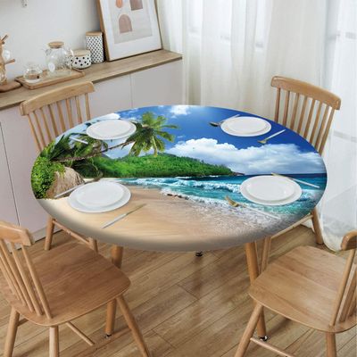Yaofuren Beach Pattern Table Cloth Cover,Elastic Edge,Suitable for Catering and Kitchen Can Wipe Dining Round Table coverr,Fern Green,for 14" to 16" Round Tables