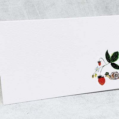 Place Cards with Alpine Strawberries on the Vine and Snail for Weddings, Showers, and Dinner Parties. Table Tent Style, Scored for Easy Folding (50)