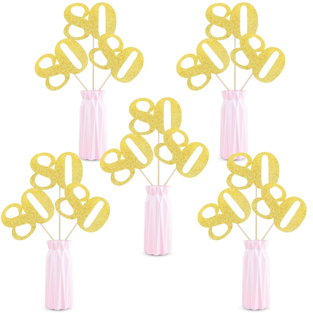 12 PCS Glitter 80th Birthday Centerpiece Sticks Number 80 Cake Toppers Eighty Table Flower Topper Decorations for 80th Birthday Anniversary Party Centerpiece Supplies Gold