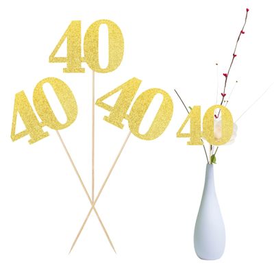 12 PCS Glitter 40th Birthday Centerpiece Sticks Number 40 Cake Toppers Forty Table Flower Topper Decorations for 40th Birthday Anniversary Party Centerpiece Supplies Gold