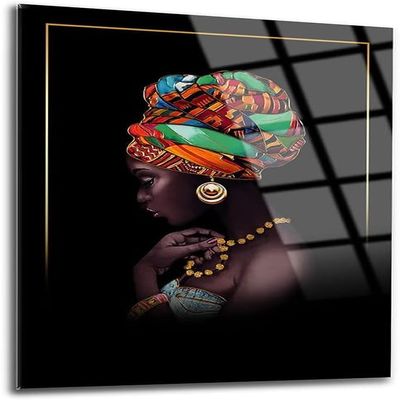 Glass Wall Art African Woman Themed Wall Decor Home Living Room Entryway Bedroom Decoration Vivid Color, UV Printed Durable and Tempered Glass with Size Options ((70x100cm)28x40 Inches)
