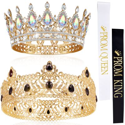 Juexica 4 Pieces Prom King and Queen Crowns Set with Sashes Valentine's Day Carnival Birthday Wedding Costume Accessories Gold King Crown for Men Women Prom(M,AB Diamond)