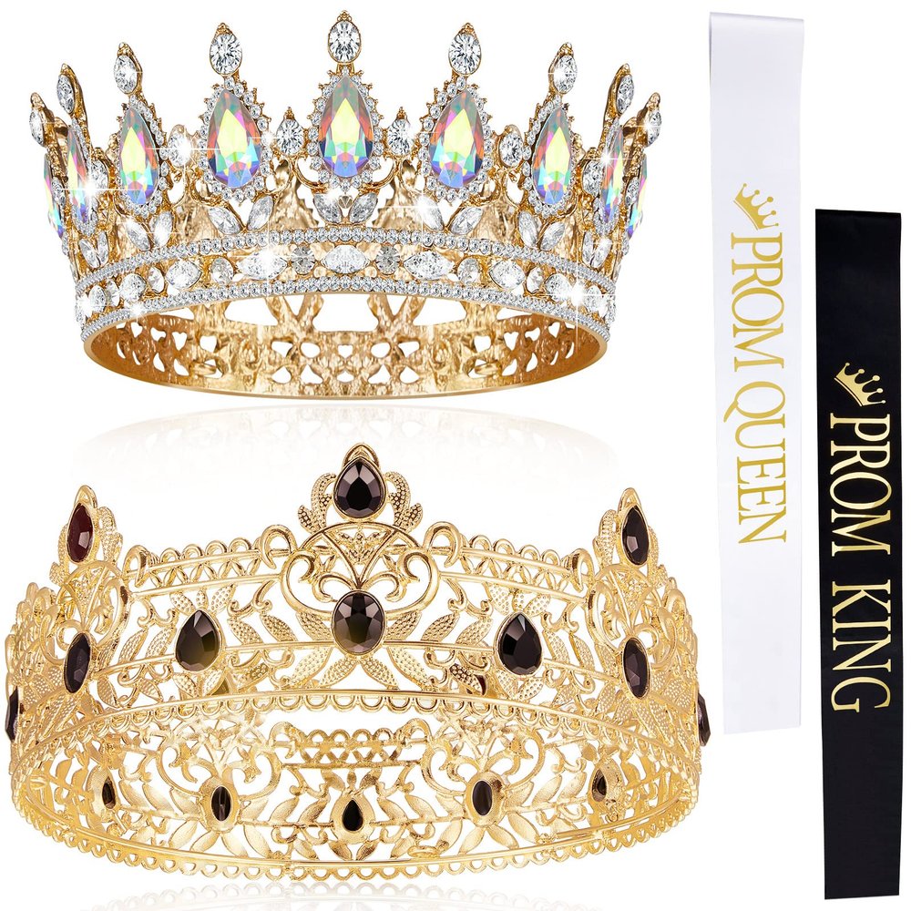 Juexica 4 Pieces Prom King and Queen Crowns Set with Sashes Valentine's Day Carnival Birthday Wedding Costume Accessories Gold King Crown for Men Women Prom(M,AB Diamond)