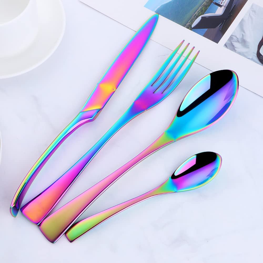 24-Piece Exquisite Silverware Set, Stainless Steel Flatware Set, Cutlery Set for 6, Fork Spoon Knife Set Eating Utensils Tableware Set for Kitchens, Dishwasher Safe (24pcs, Rainbow)