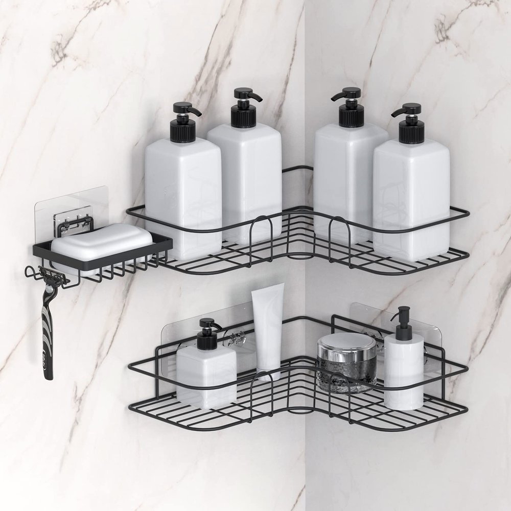 Linkidea Corner Shower Caddy Shelf 2 Tier, Wall Mount Bathroom Shower Organizer with Soap Holder, Adhesive Racks for Inside Shower